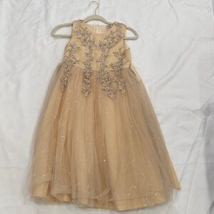 Girls' Sleeveless Champagne Tulle Party Dress with Floral Applique